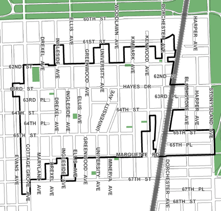 Woodlawn TIF district, roughly bounded on the north by 61st Street, 67th Street on the south, Stony Island Avenue on the east, and Evans Avenue on the west.